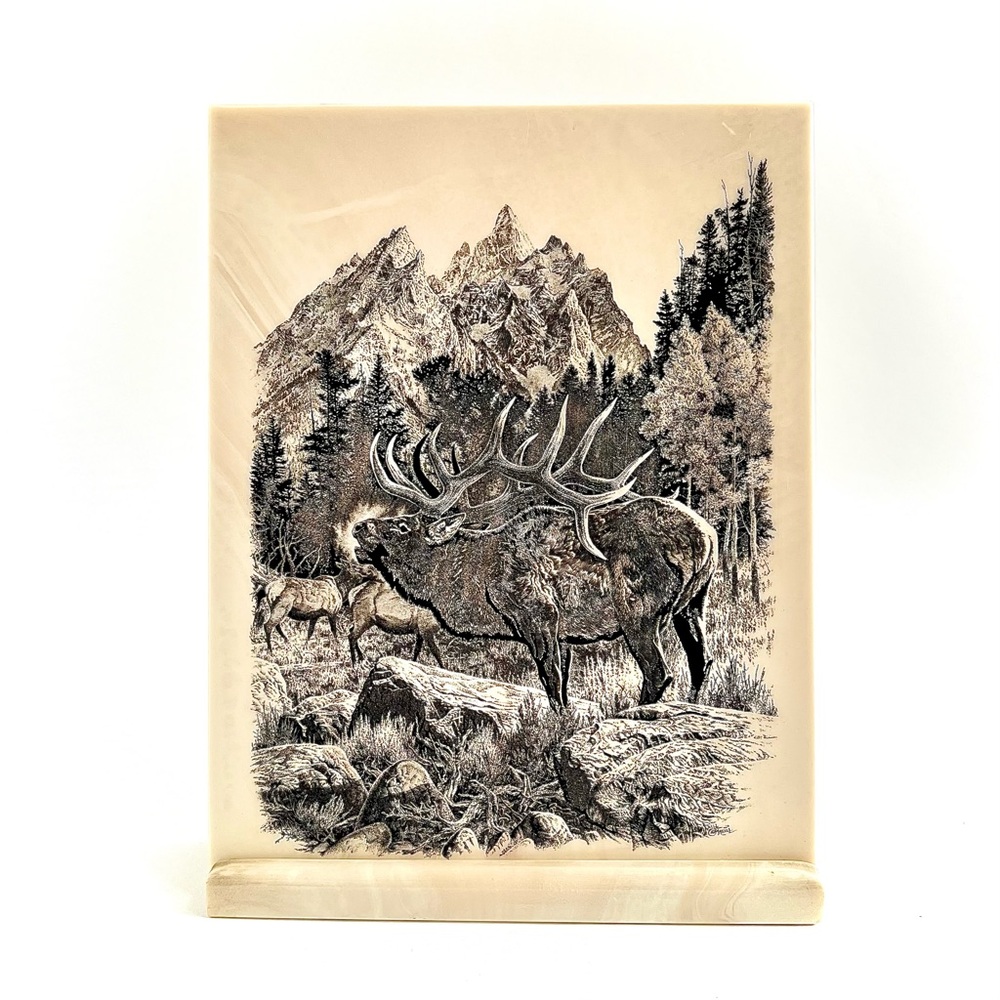 Vintage 1977 Bill O’Neil Bugling Elk Wildlife Resin Plaque Mountain Scene Decor